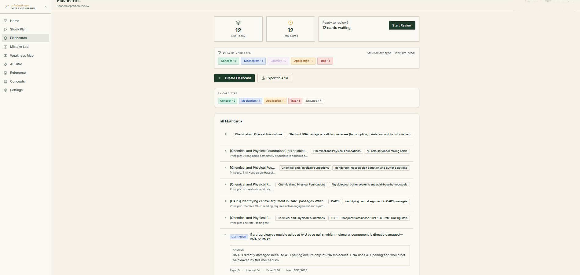 Flashcards dashboard with cards due, drill by card type, and a list of all flashcards